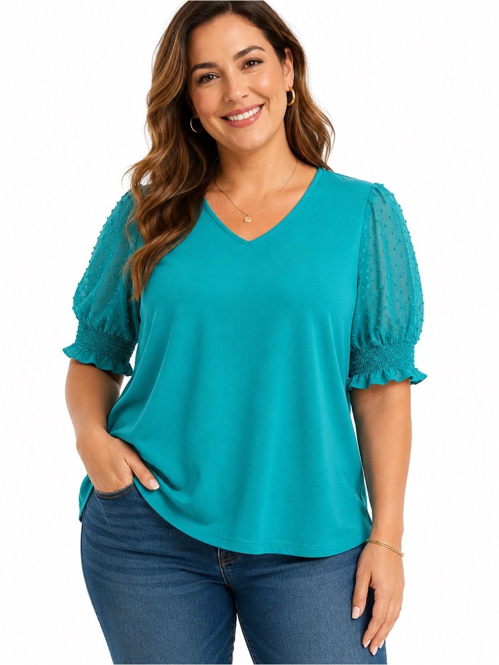 Adrianna Papell Teal V-Neck Puff Sleeve Blouse
